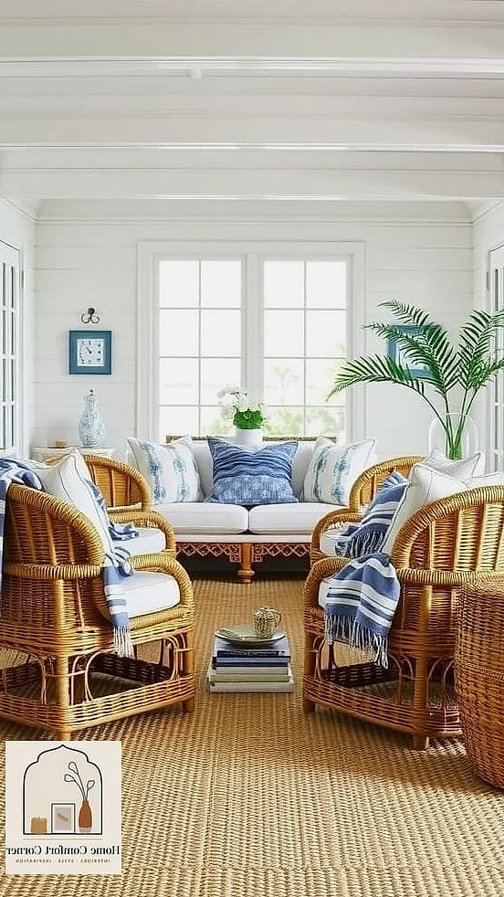 17 Beachy Room Decor Ideas That Work in Any Size Home 5 Add a Statement Rattan Light Fixture