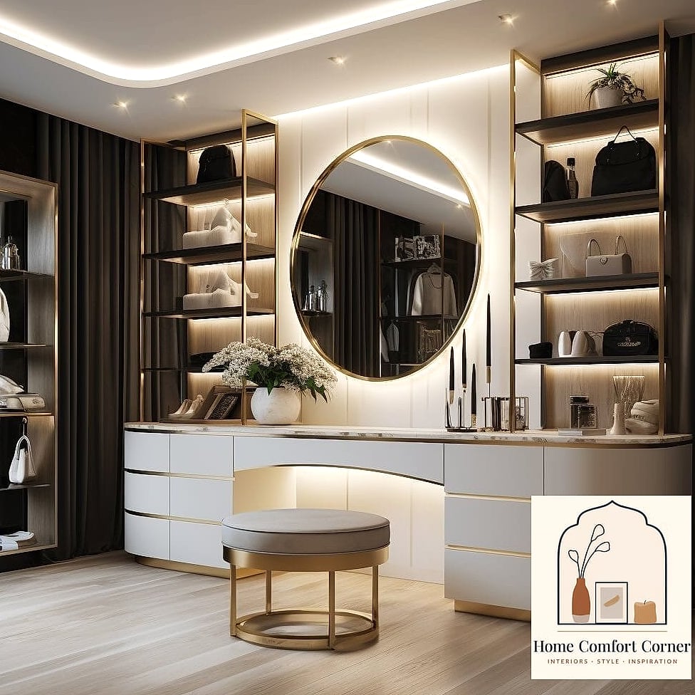 30 Dressing Room Ideas Tips From Top Interior Designers 11 Add a Vanity Area With Seating