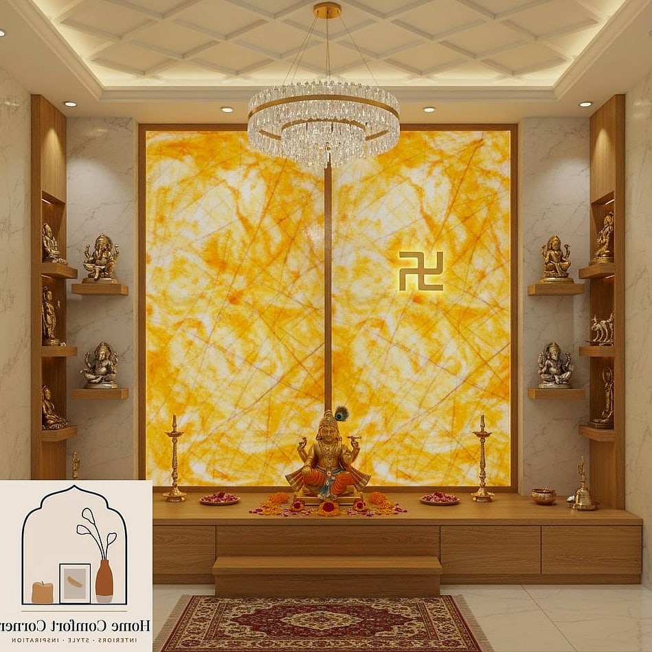 19 Pooja Room Ideas Indian Modern Designs You Need to See Right Now 7 Backlit Marble Jali Wall