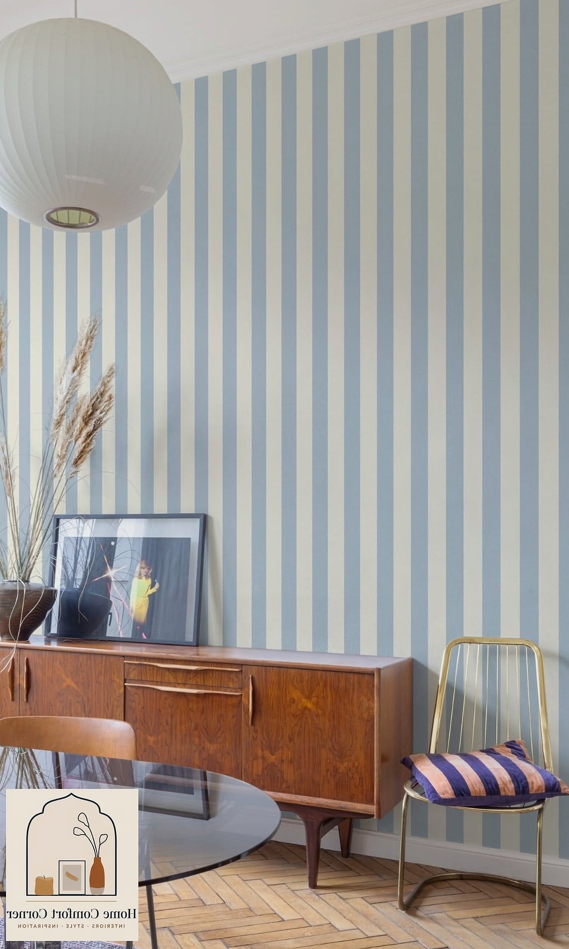 Blue Striped Wallpaper in a Hallway