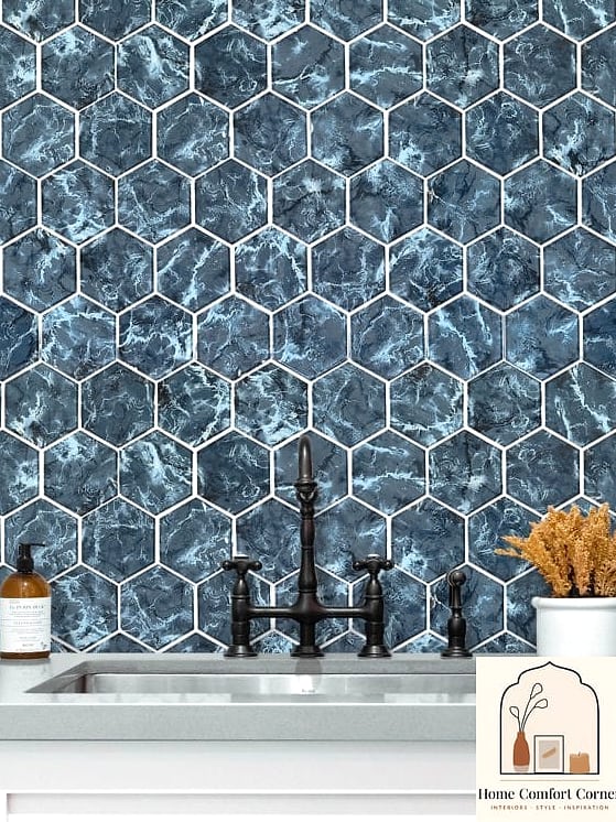 Blue Tile Backsplash with Herringbone Pattern