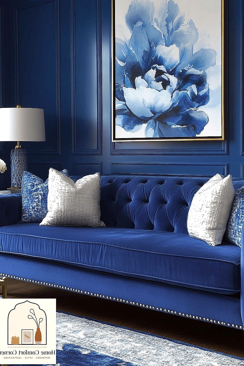 Blue Velvet Accent Chair in a Reading Nook