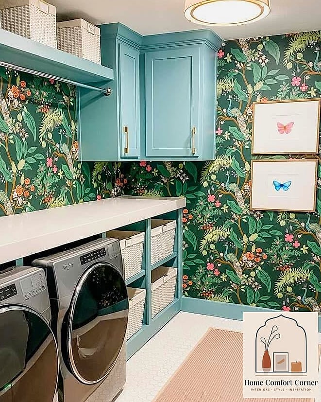 A Bold Wallpaper Accent Behind the Machines