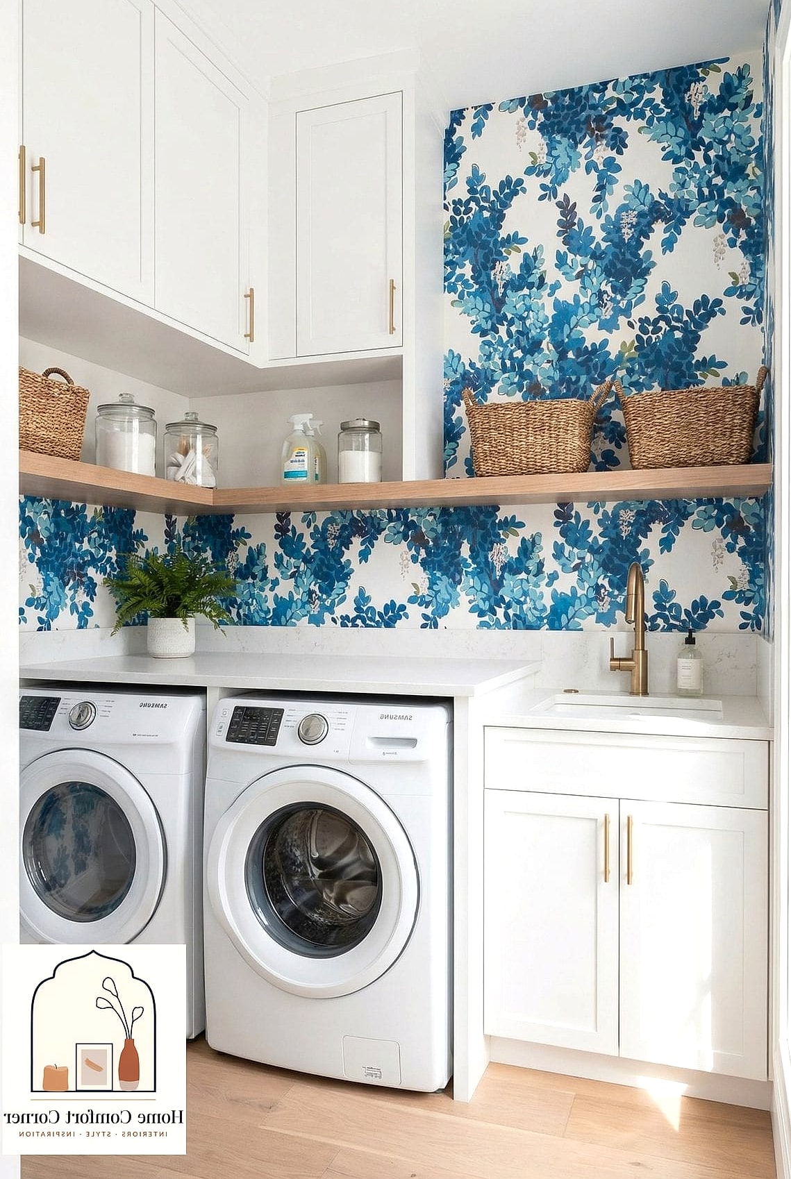 7 Small Laundry Room Ideas Inspiration Boards You'll Want to Copy 4 A Bold Wallpapered Accent Wall