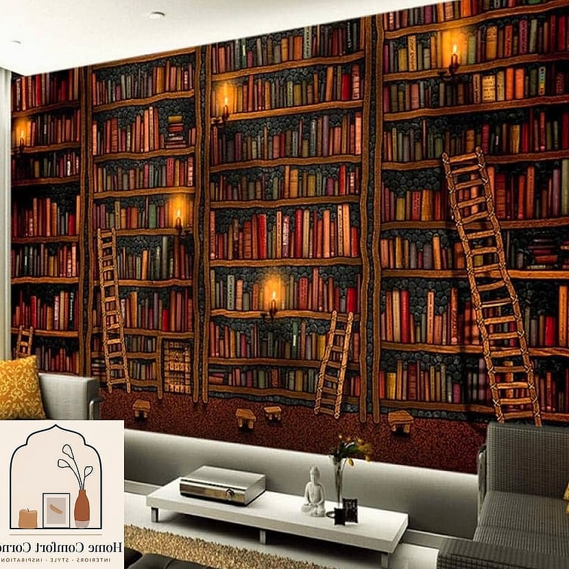 A Bookshelf Wallpapered to Look Like an Actual Bookshelf