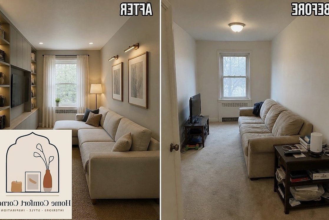 13 Small Room Ideas Before and After Transformations to Inspire 5 A Boxy Living Room Feels Bigger with a Furniture Swap