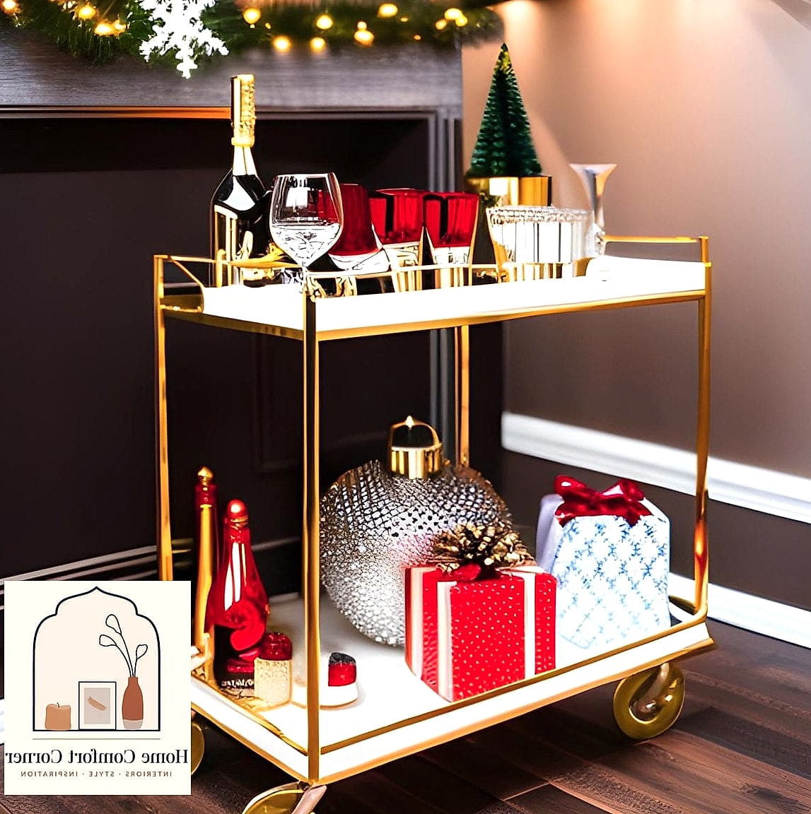 22 Stunning Christmas Room Decor Ideas Ideas for Every Budget 13 A Christmas Bar Cart Set Up for Guests