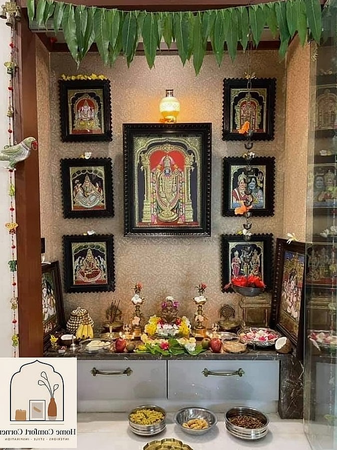 Cluttered Bedroom Corner Becomes a Curtained Mandir Alcove