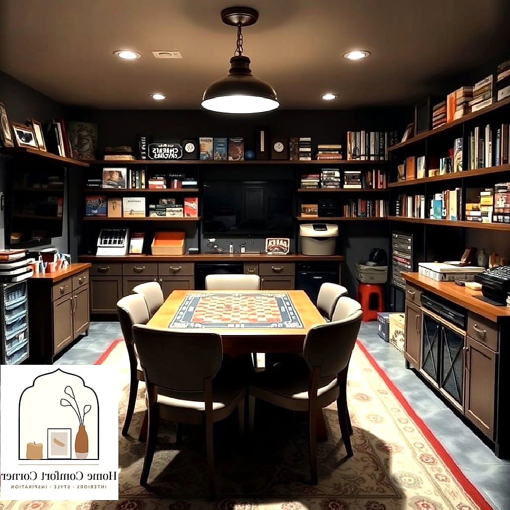 Cozy Board Game Library with Built-In Shelving