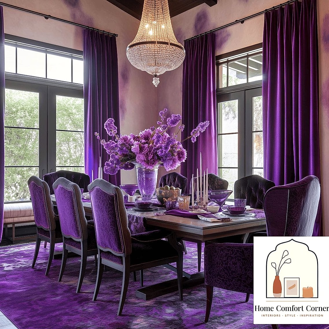 Dark Purple Dining Room with Statement Lighting