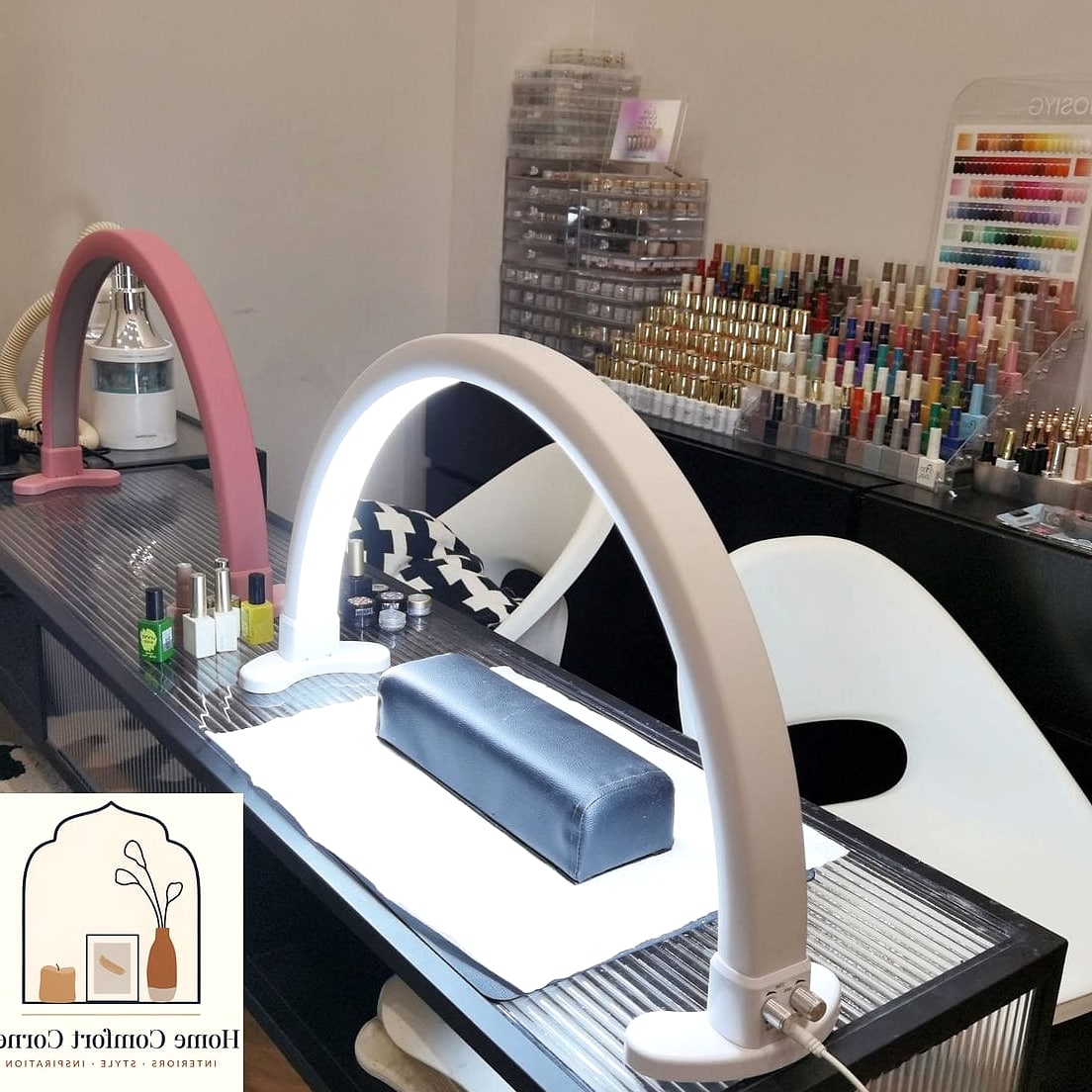 15 Nail Room Decor Ideas Ideas That Are Both Stylish and Practical 7 A Dedicated UV Lamp Station With Cord Management