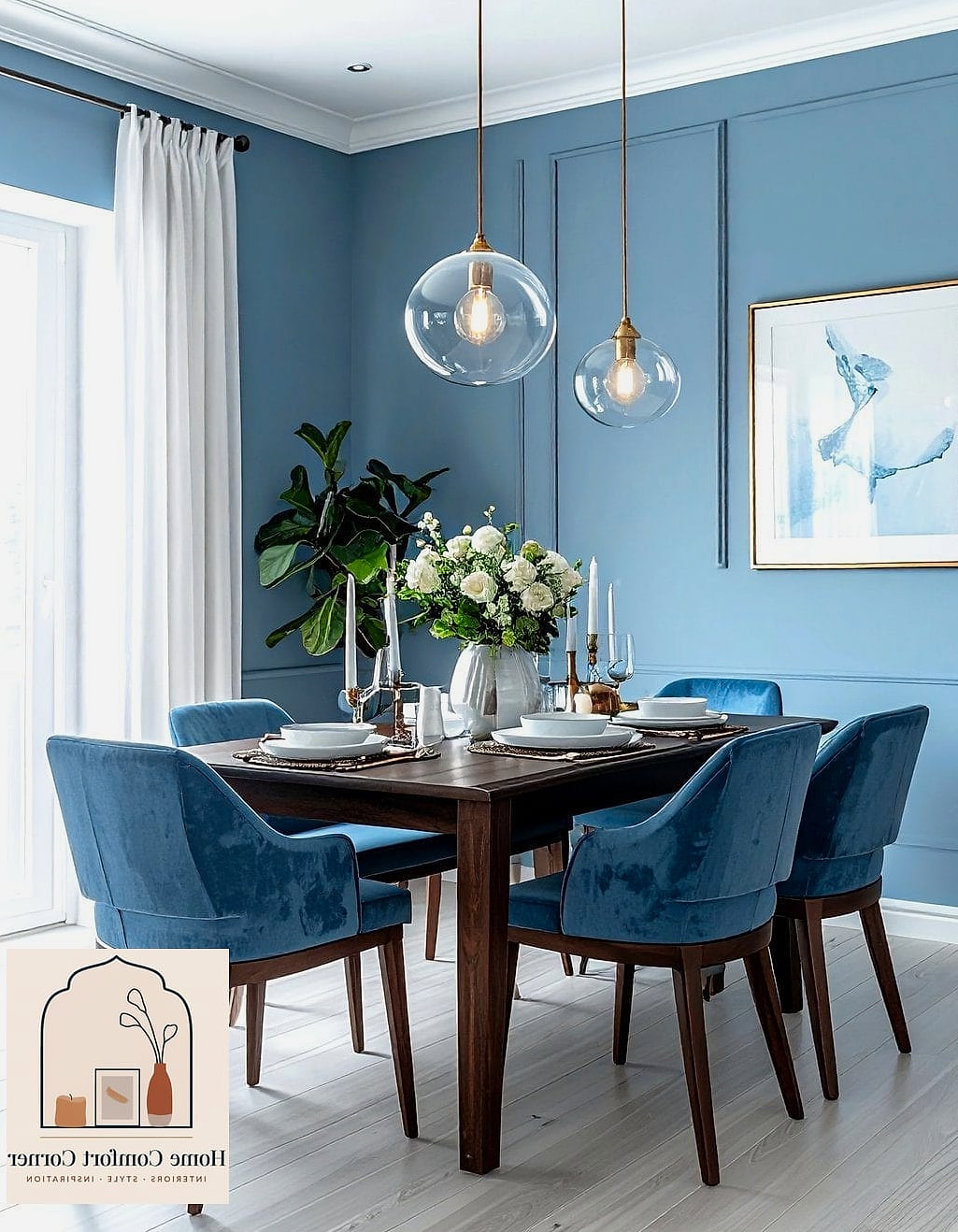 Dusty Blue Dining Room with Statement Lighting