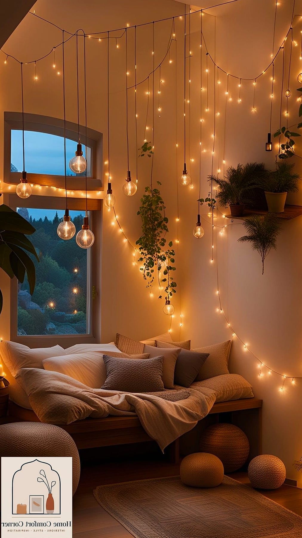 Fairy Lights Draped Over a Headboard