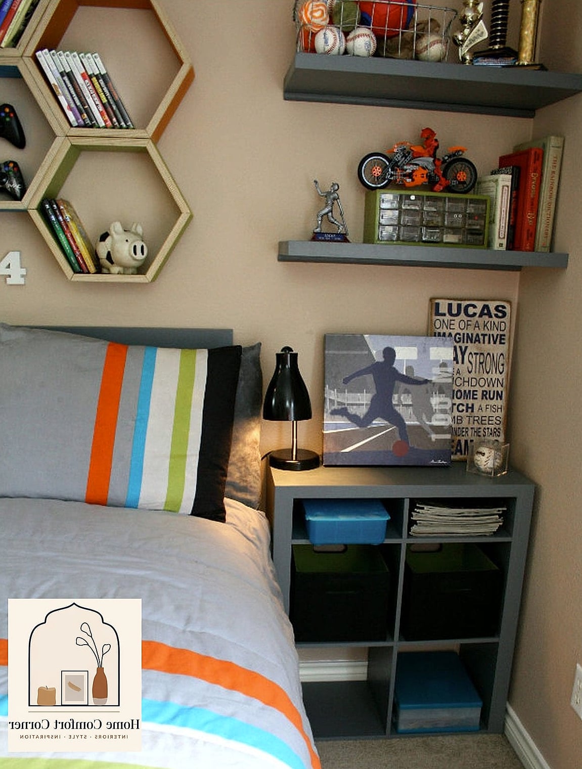 Floating Shelves Styled with Books and Trophies