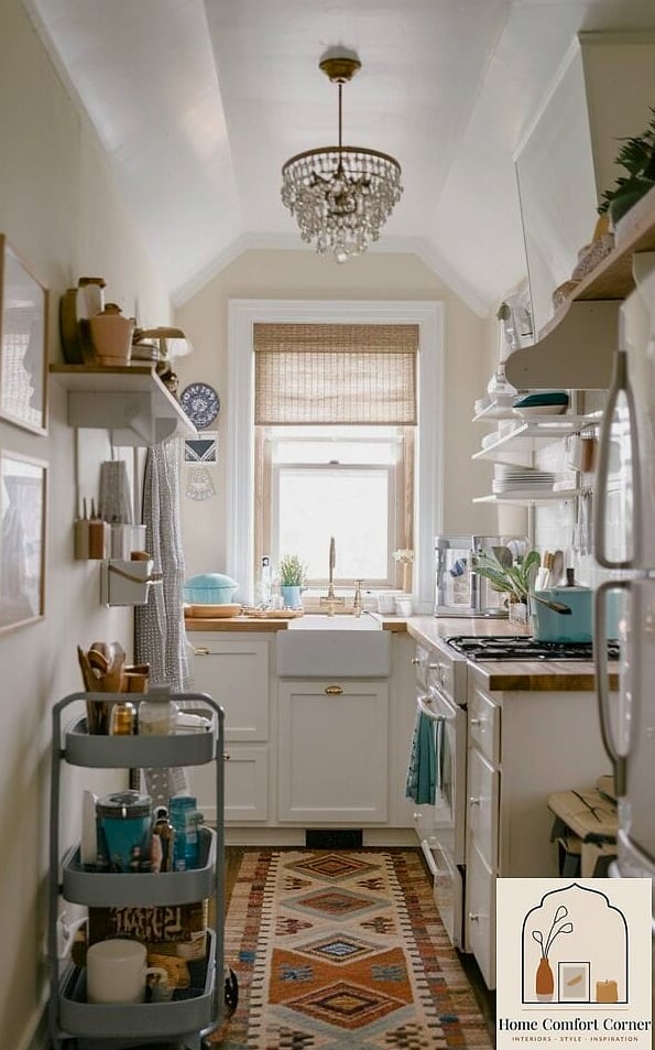 A Galley Kitchen with Open Shelving