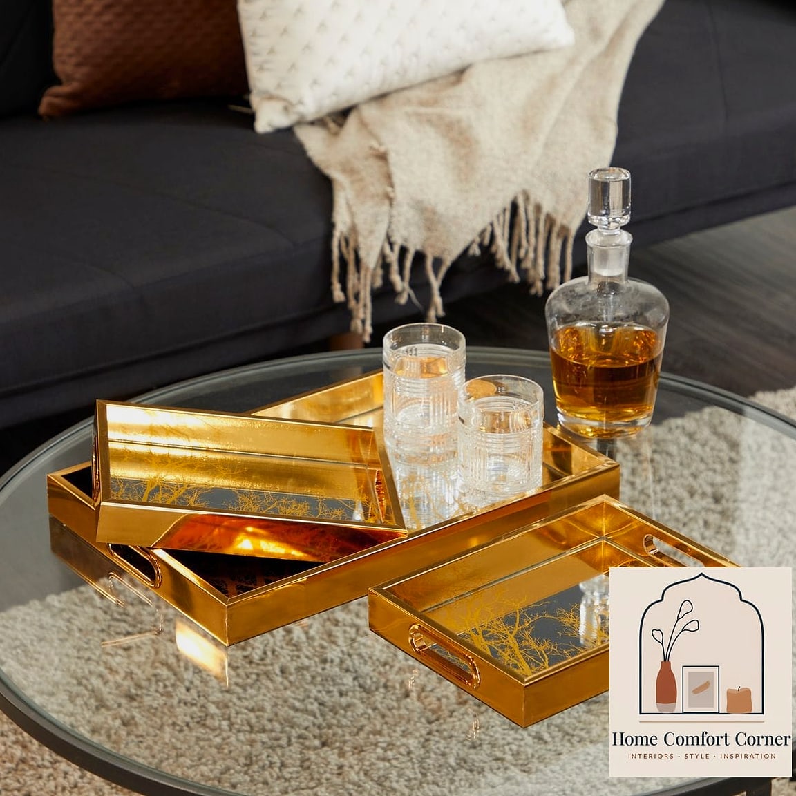 Gold Trays and Trinket Dishes on Open Shelving