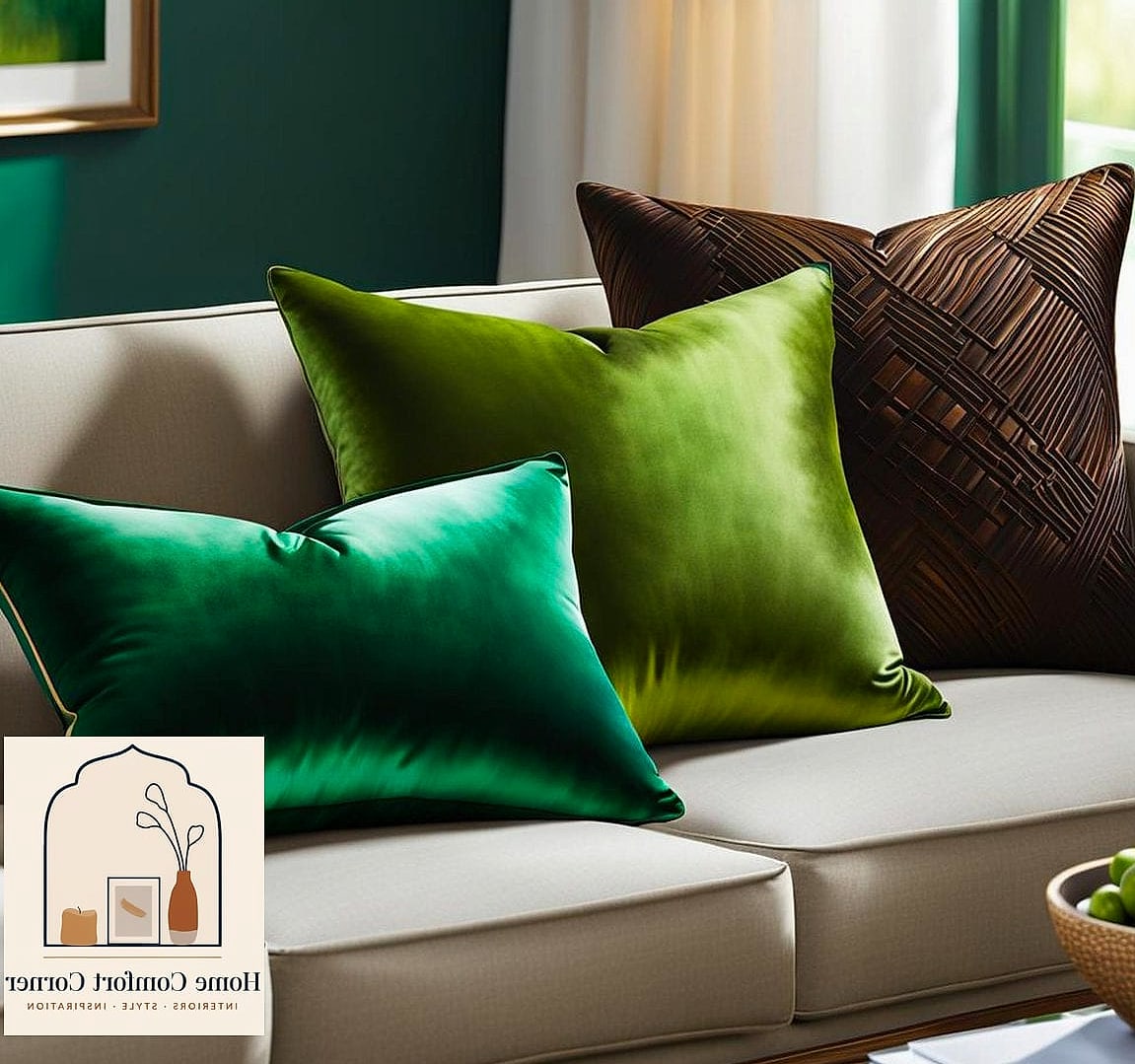 25 Green Room Decor Looks We're Obsessed With This Year 26 Green Accent Pillows on a Neutral Sofa