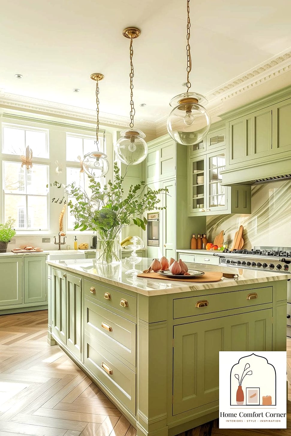 25 Green Room Decor Looks We're Obsessed With This Year 4 Green Kitchen Cabinets with Brass Hardware