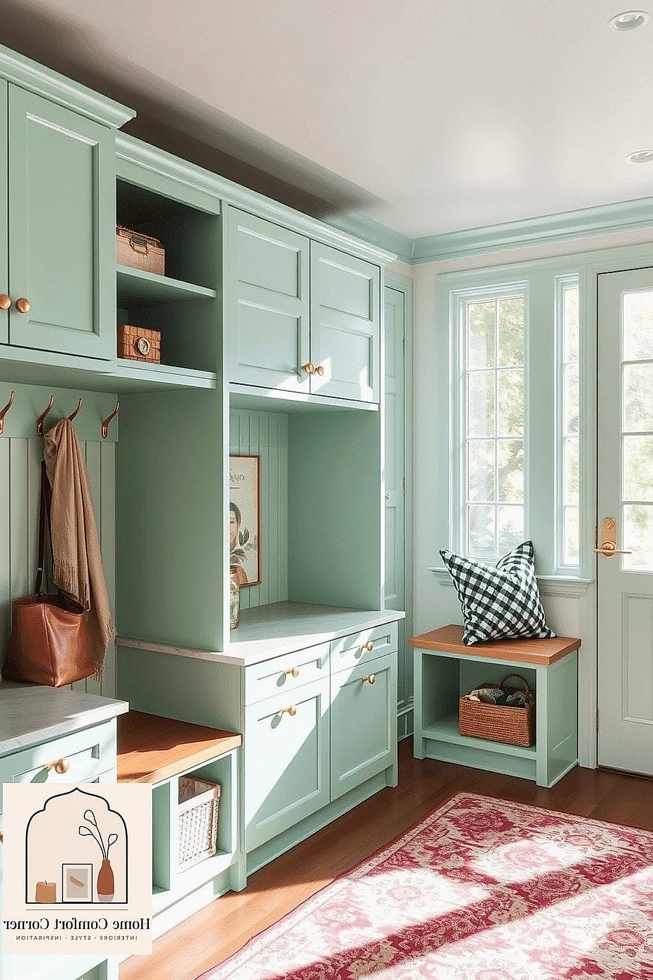 25 Green Room Decor Looks We're Obsessed With This Year 24 Green Mudroom Built-Ins