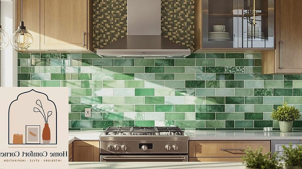 25 Green Room Decor Looks We're Obsessed With This Year 8 Green Tile Backsplash with White Cabinets