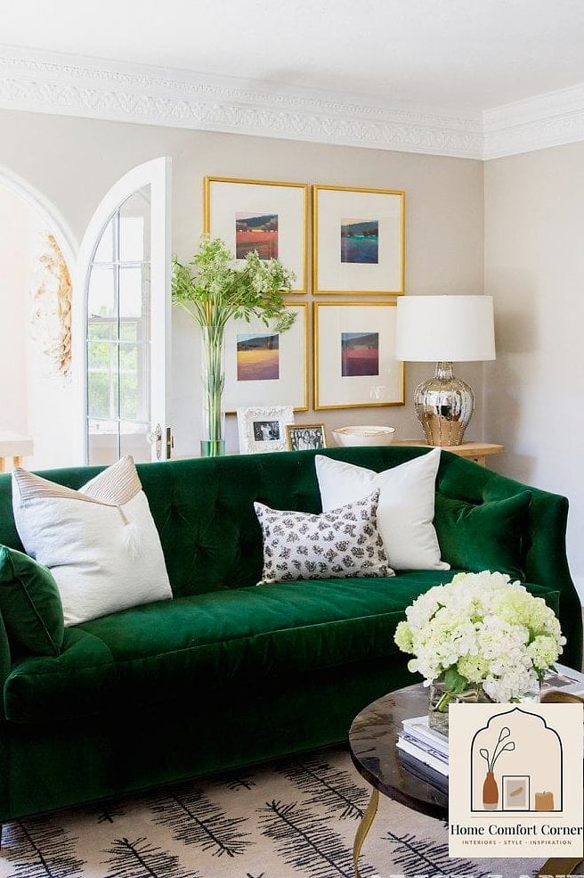 25 Green Room Decor Looks We're Obsessed With This Year 6 Green Velvet Sofa in a Neutral Living Room