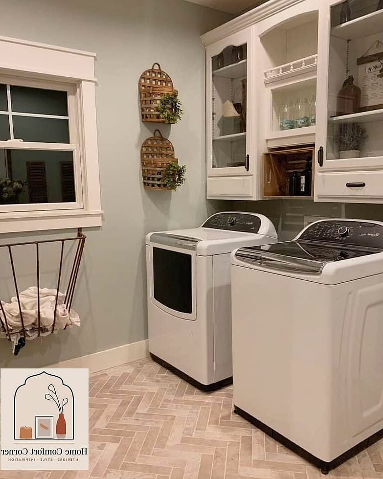 20 Laundry Room Ideas Top Loader Layout Designs That Maximize Style and Function 18 Herringbone Tile Flooring Statement