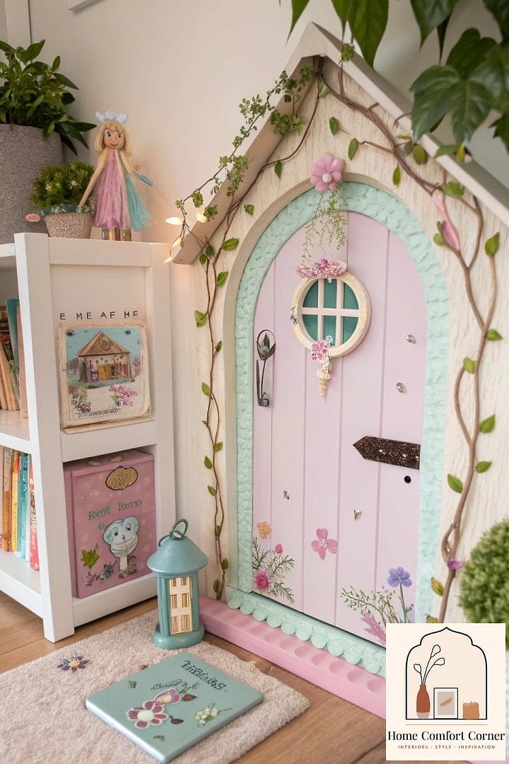 A Hidden Fairy Door at the Baseboard With a Tiny Light Behind It