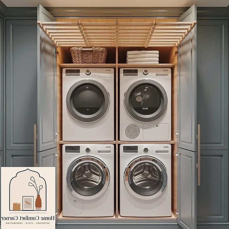 20 Laundry Room Ideas Top Loader Layout Designs That Maximize Style and Function 8 Hidden Laundry Behind Cafe Curtains