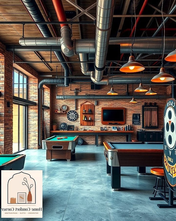 Industrial-Style Game Room with Exposed Brick and Metal Accents