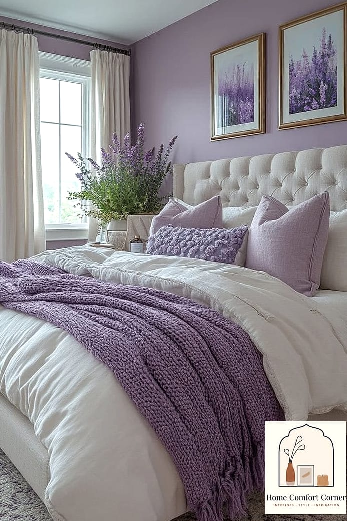 Lavender Accent Wall Behind a Neutral Sofa