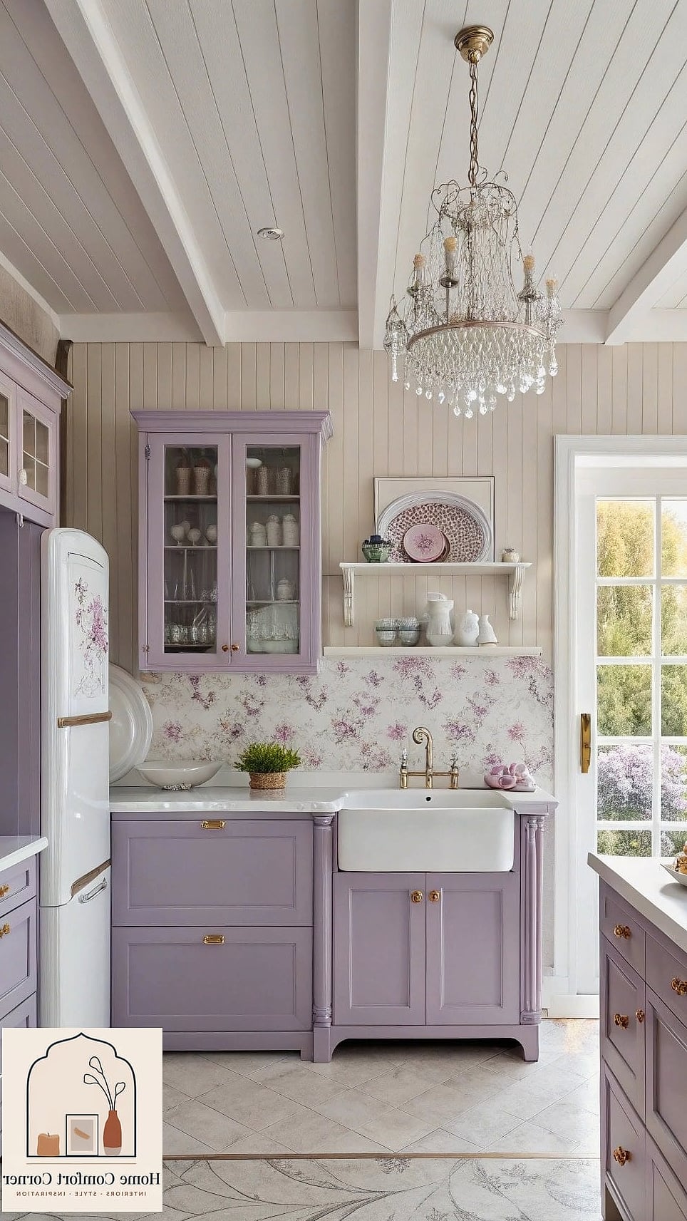 Lavender Kitchen Cabinets with Unlacquered Brass
