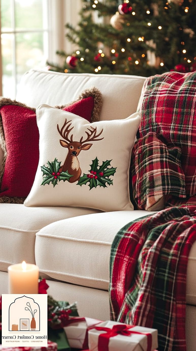22 Stunning Christmas Room Decor Ideas Ideas for Every Budget 6 Layered Christmas Throw Pillows on the Sofa