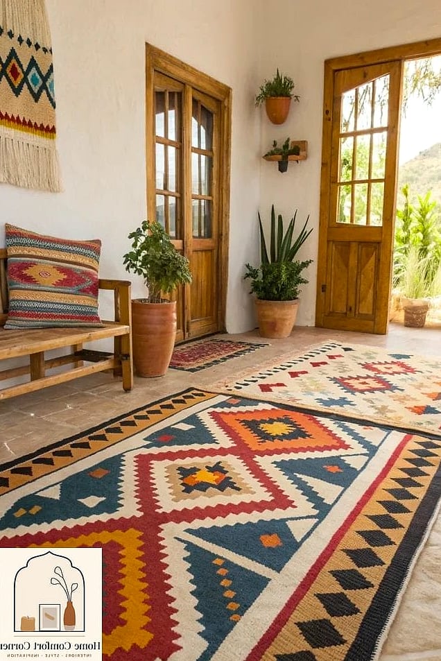 22 Mexican Home Decor Ideas That Are Both Stylish and Practical 14 Layered Rugs with Geometric Patterns