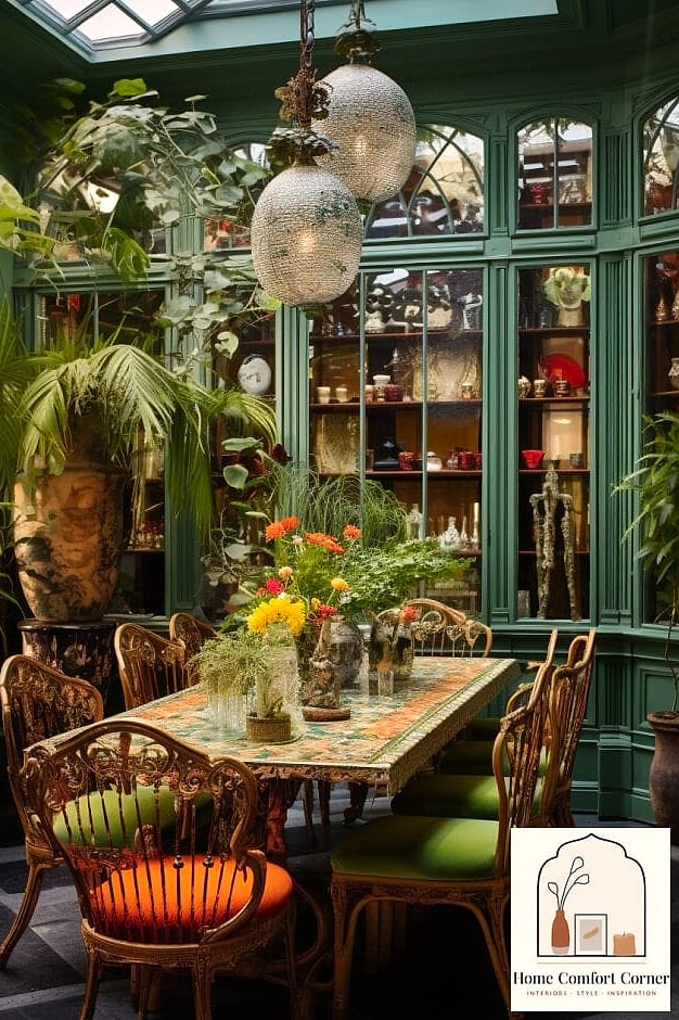 Maximalist Dining Room with Bold Wallpaper and Art