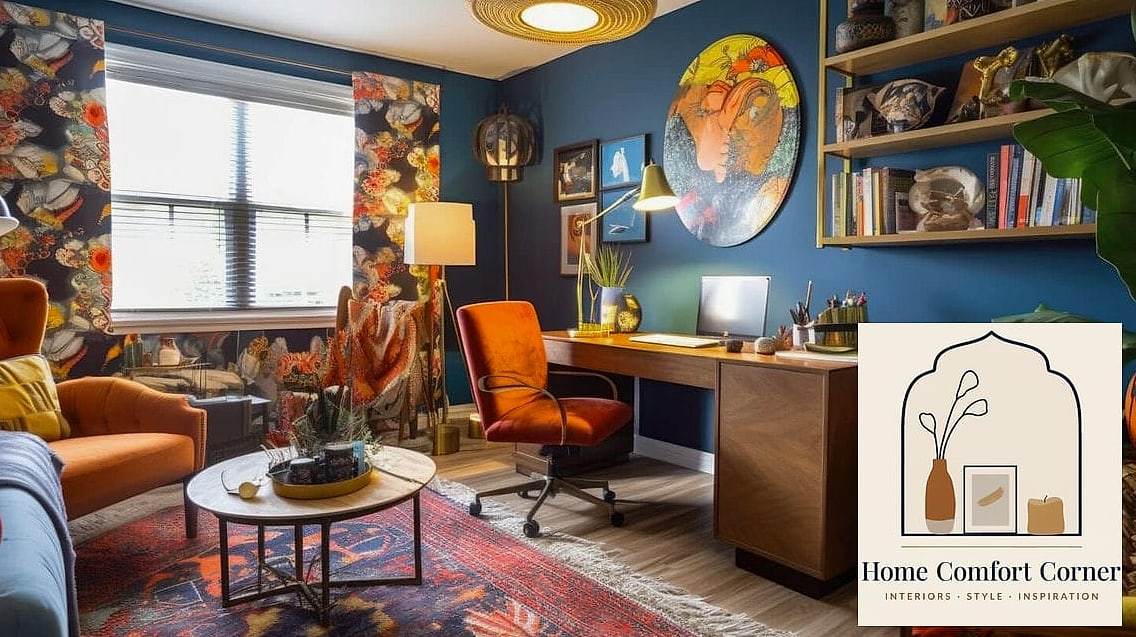 Maximalist Home Office with Bold Wall Color and Art