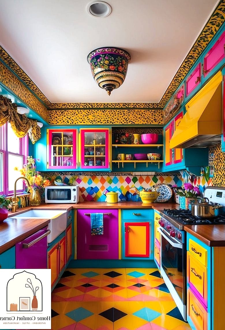 Maximalist Kitchen with Colorful Cabinetry