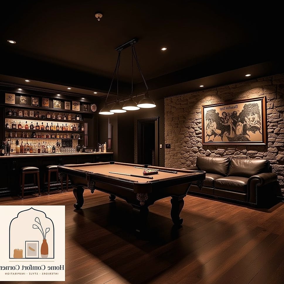 Moody Basement Game Den with a Built-In Bar