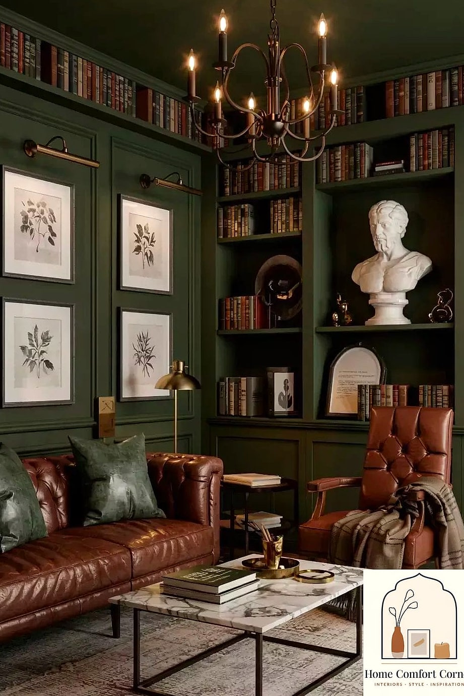 25 Green Room Decor Looks We're Obsessed With This Year 14 Moody Green Library or Reading Nook