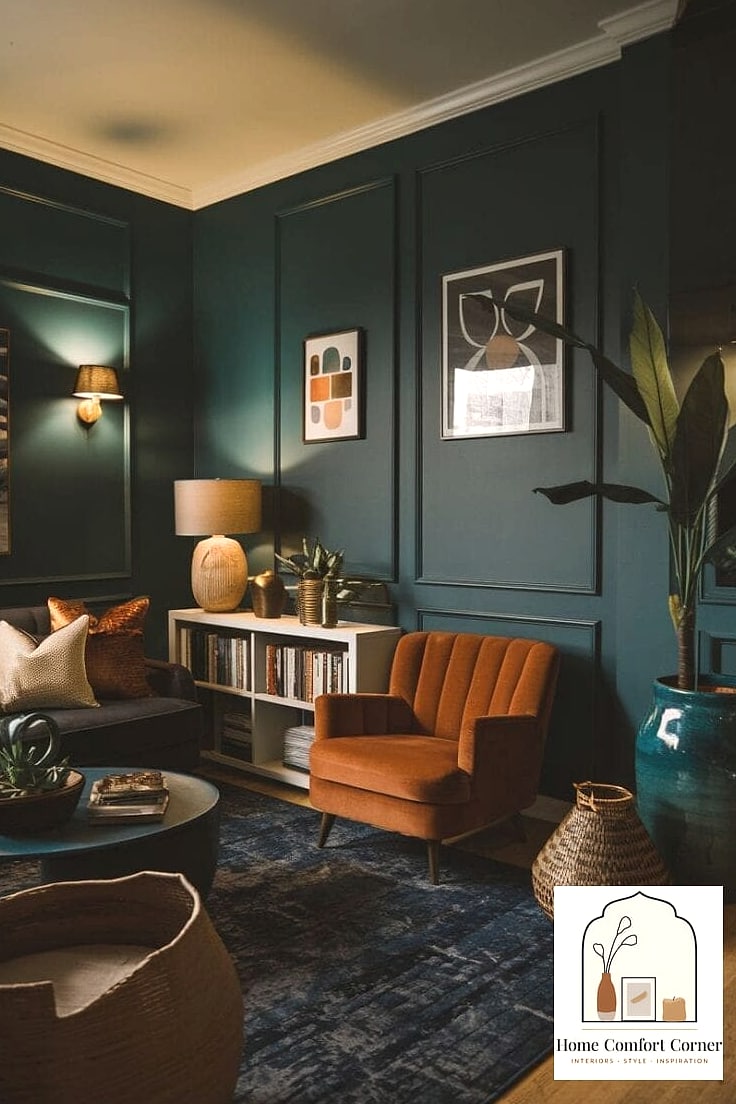 Moody Green Living Room with Brass Accents