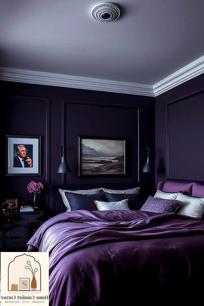 Moody Purple Bedroom with Layered Lighting