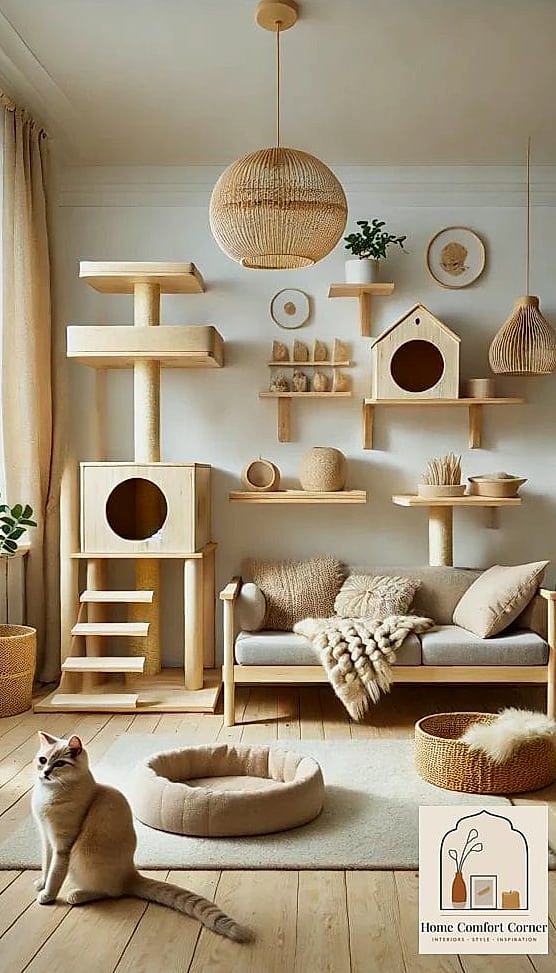 23 Stunning Cat Room Decor Ideas for Every Budget 11 A Neutral Color Palette With Warm Wood Accents