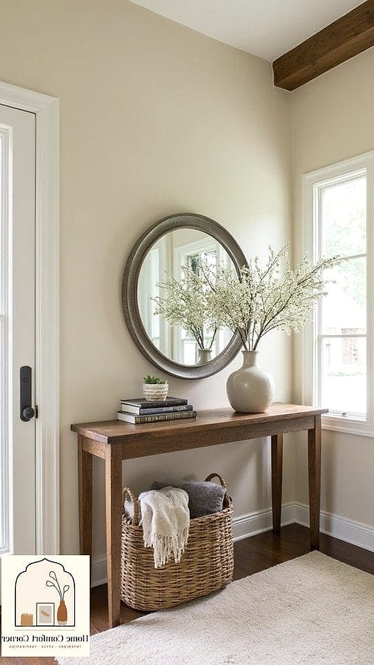Neutral Entryway with Built-In Storage and Woven Baskets