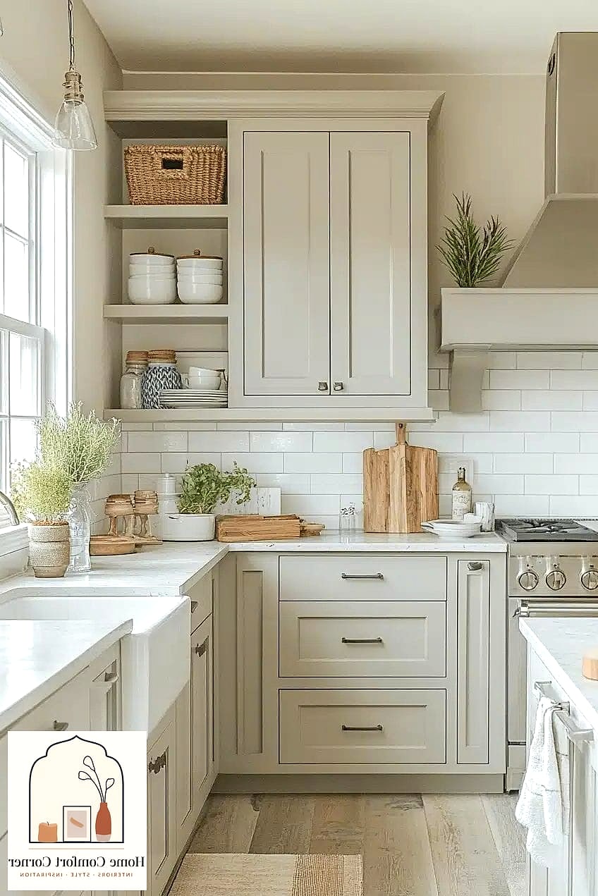 Neutral Kitchen with Matte Finishes and Brushed Brass Hardware