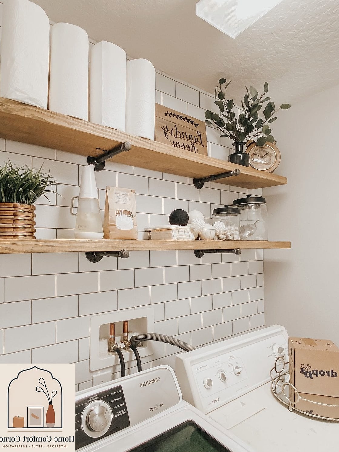 7 Small Laundry Room Ideas Inspiration Boards You'll Want to Copy 3 Open Shelving with Matching Storage Bins