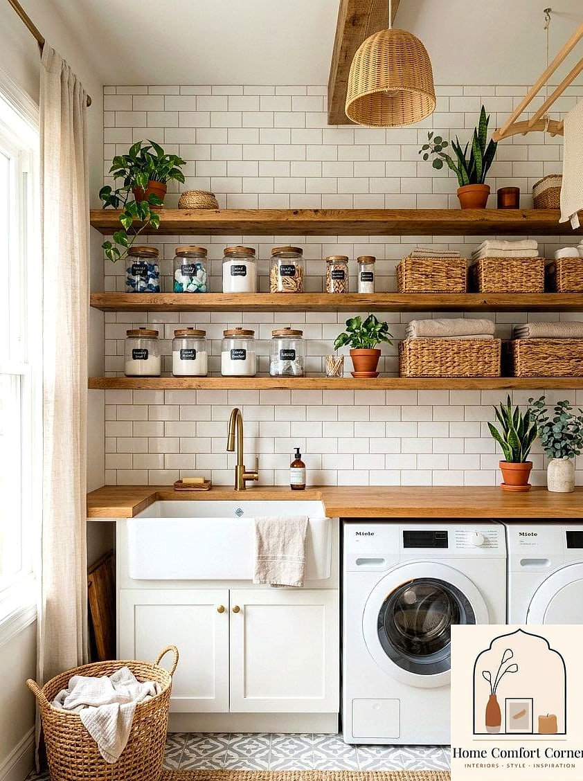 12 Laundry Room Decor Photos That Will Inspire Your Next Project 3 Open Shelving with Woven Baskets