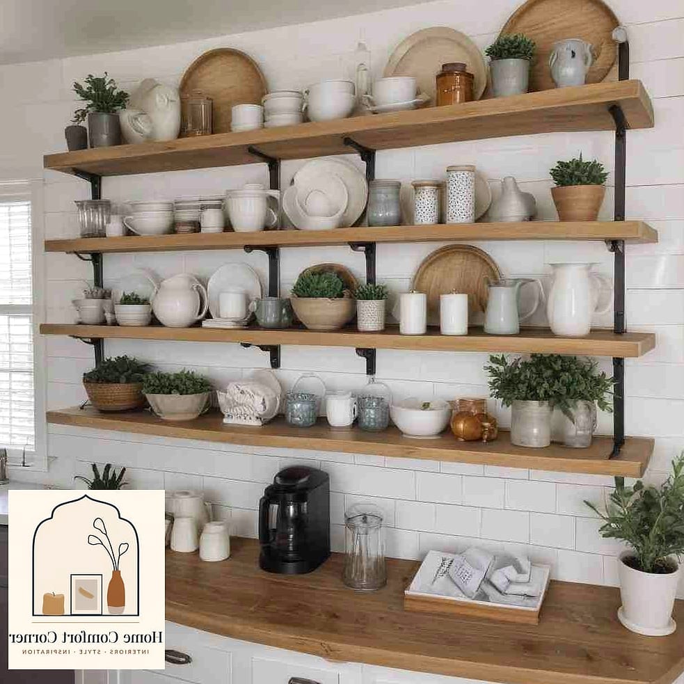13 Modern Farmhouse Decor Ideas to Steal From Interior Designers 4 Open Shelving with Curated Styling