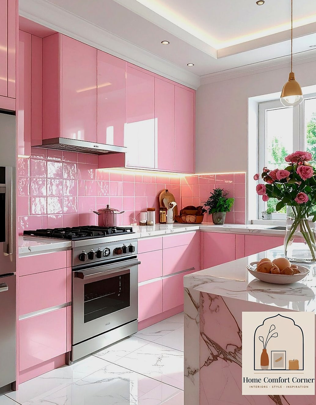 Pink Tiled Kitchen Backsplash