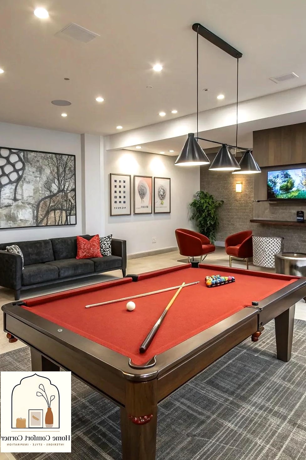 Pool Table Centerpiece with Warm Wood Accents