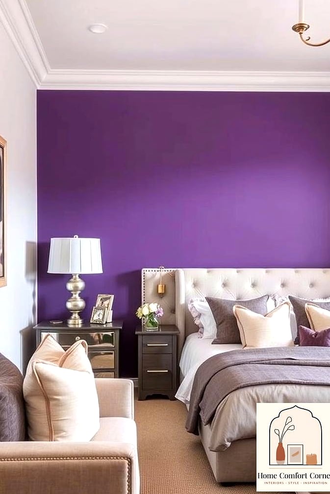 Purple Accent Wall Behind a Bed