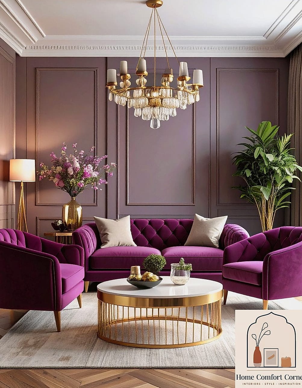 Purple and Brass Living Room Combo